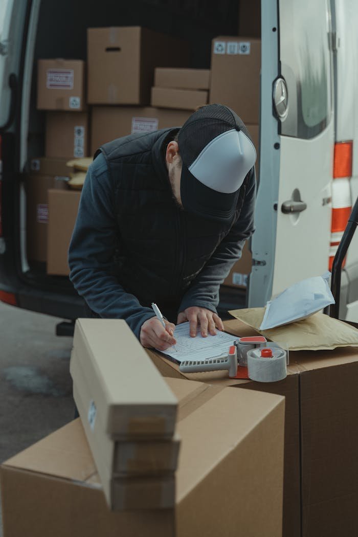 Services Courier organizing packages from a van, preparing for delivery in a logistics setting.